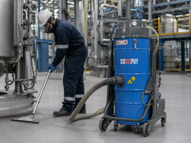 Aspirator industrial anti-explozie ATEX în lucru într-o instalație chimică, lângă conducte și rezervoare
