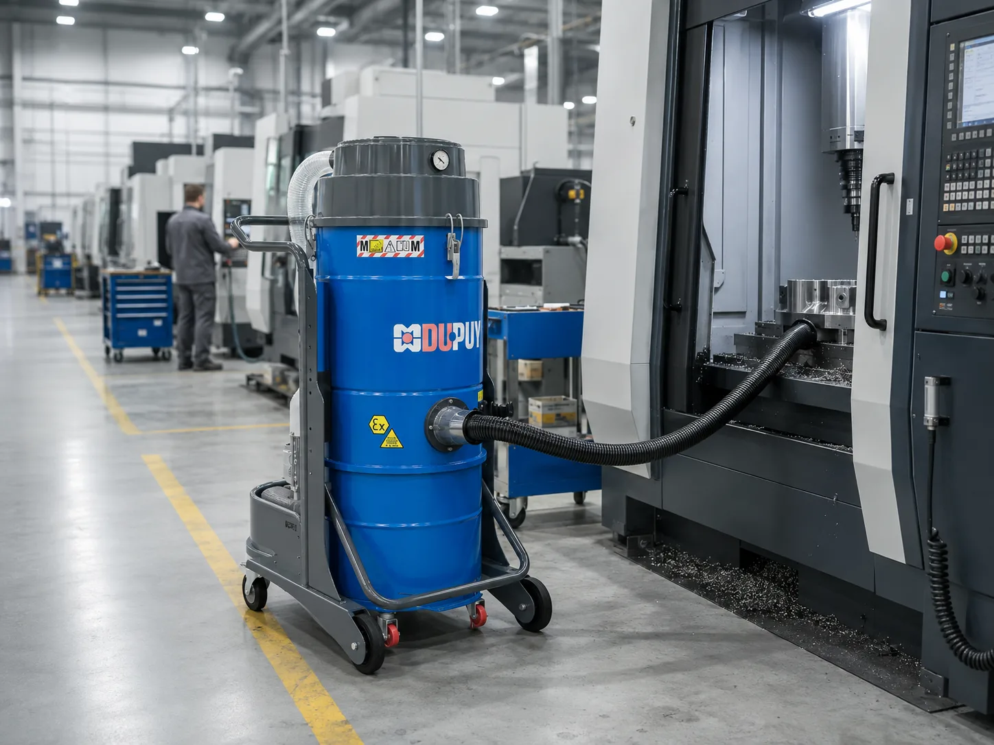 Aspirator industrial DU-PUY colectând șpan metalic la un centru de prelucrare CNC, într-o hală de producție