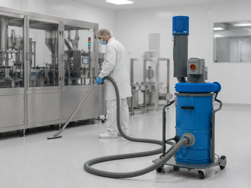 Aspirator industrial DUPUY W3 INFINI folosit într-o zonă de producție farmaceutică, lângă o linie de îmbuteliere