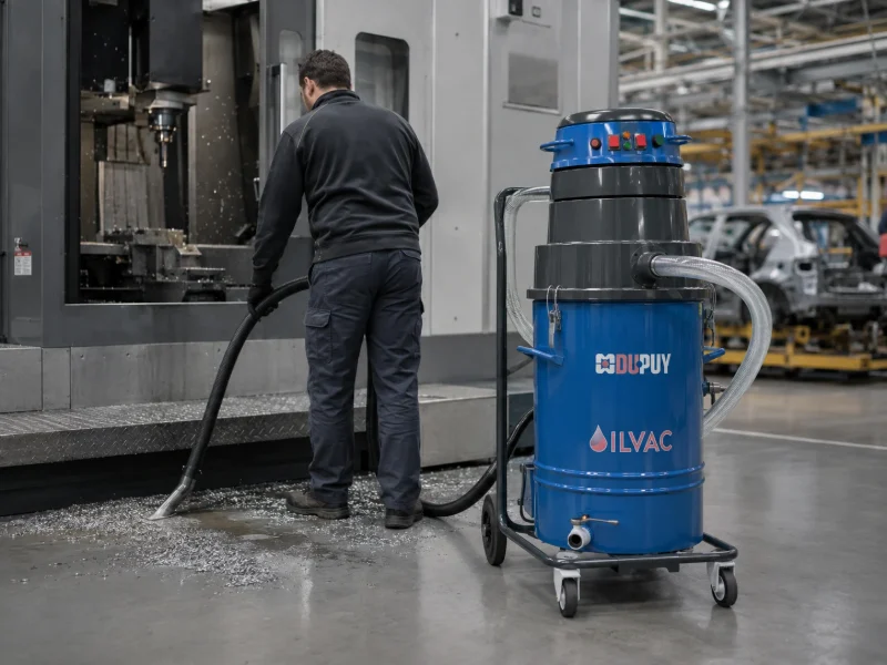 Aspirator industrial DUPUY colectând șpan metalic și emulsie de lângă o mașină-unealtă dintr-o hală auto