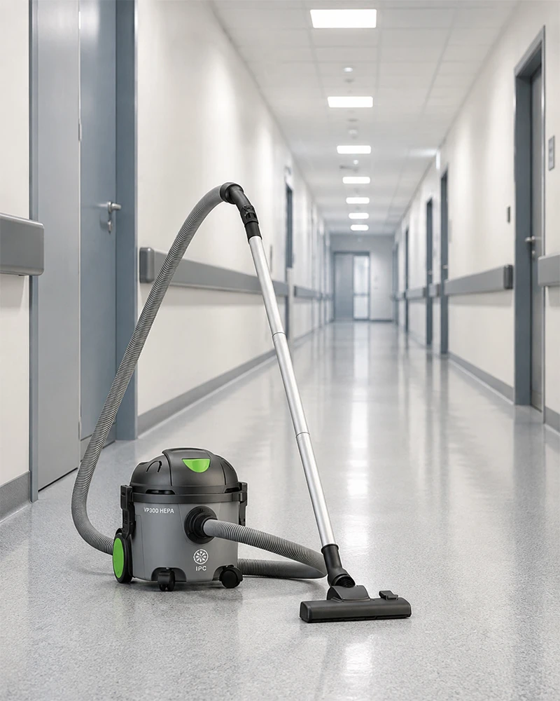 Aspirator profesional cu filtru HEPA pe coridorul gol al unui spital