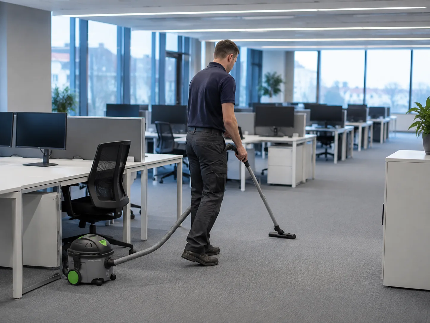 Aspirator profesional folosit într-un open space de birouri, în afara orelor de program