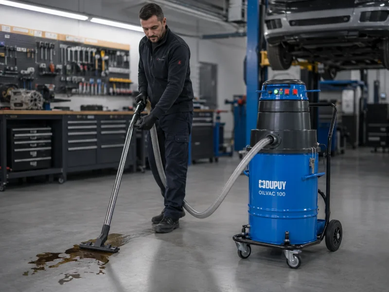 Aspirator de ulei DUPUY OILVAC 100 colectând o scurgere de ulei de pe pardoseala unui atelier tehnic
