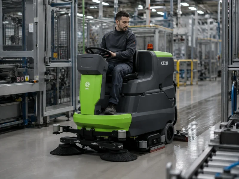 Operator pe o mașină de spălat-aspirat IPC CT231, curățând culoarul dintre două linii de producție dintr-o fabrică
