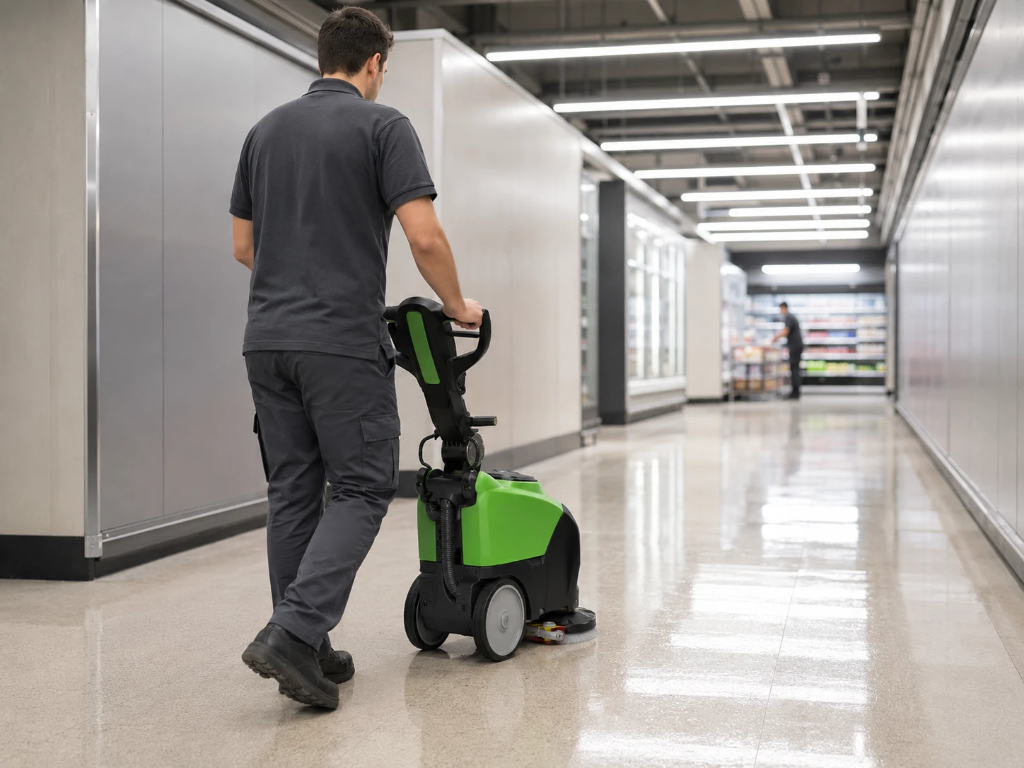 Mașină compactă IPC de spălat-aspirat pardoseli curățând culoarul dintre rafturile unui supermarket