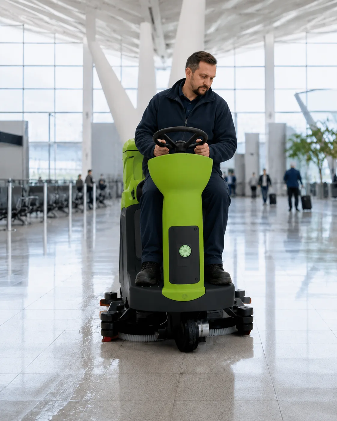 Mașină compactă IPC de spălat-aspirat pardoseli într-un terminal de pasageri luminos