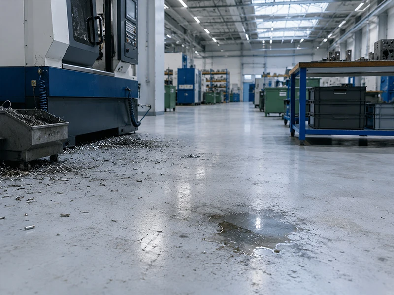 Pardoseala unei hale de producție cu șpan metalic împrăștiat lângă o mașină-unealtă și o pată de ulei
