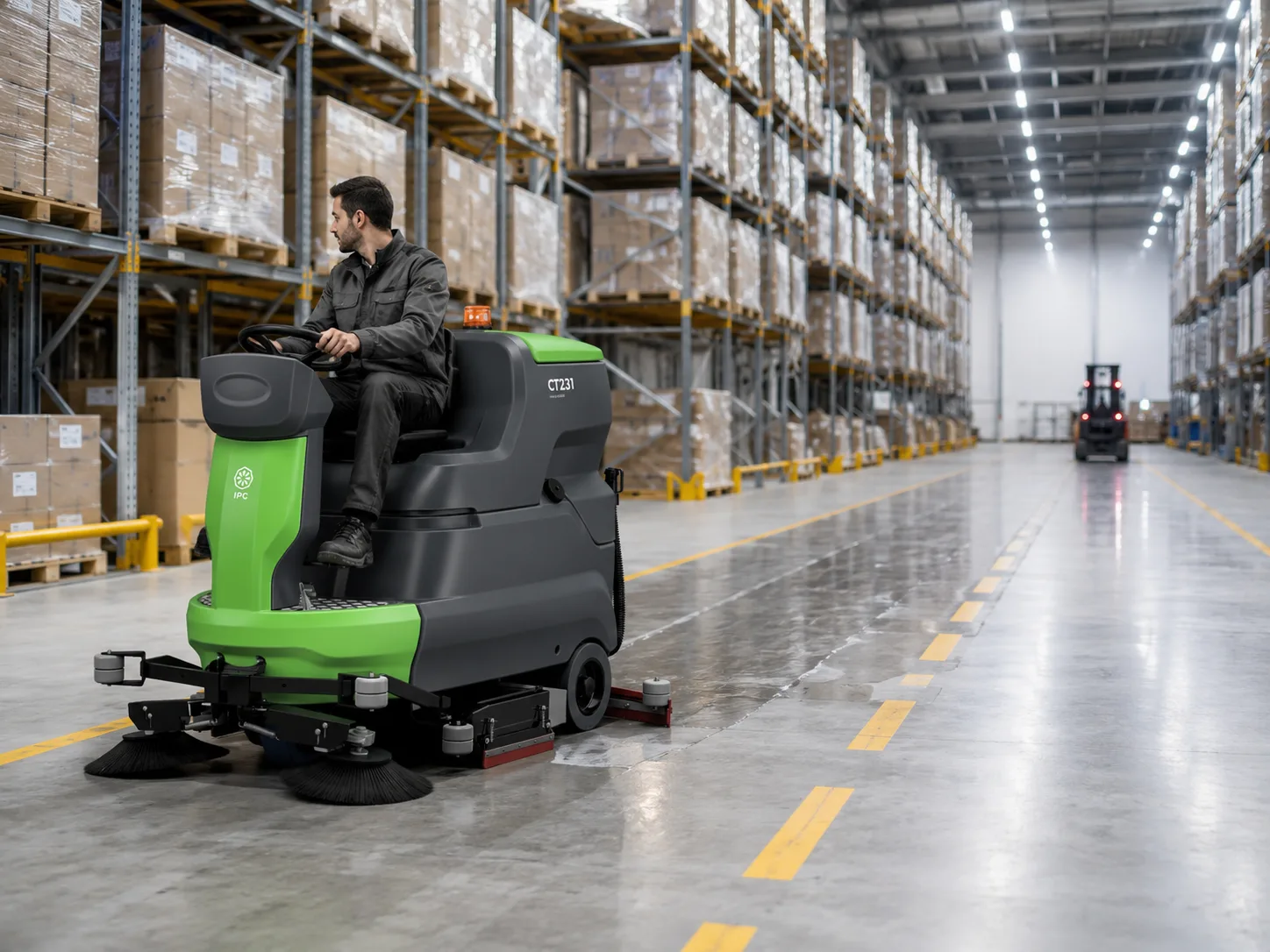 Mașină IPC CT231 de spălat-aspirat pardoseli, cu operator la bord, curățând culoarul unui depozit logistic
