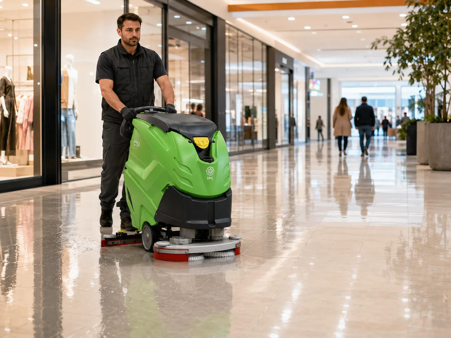 Mașină IPC CT51 de spălat-aspirat pardoseli curățând galeria unui centru comercial