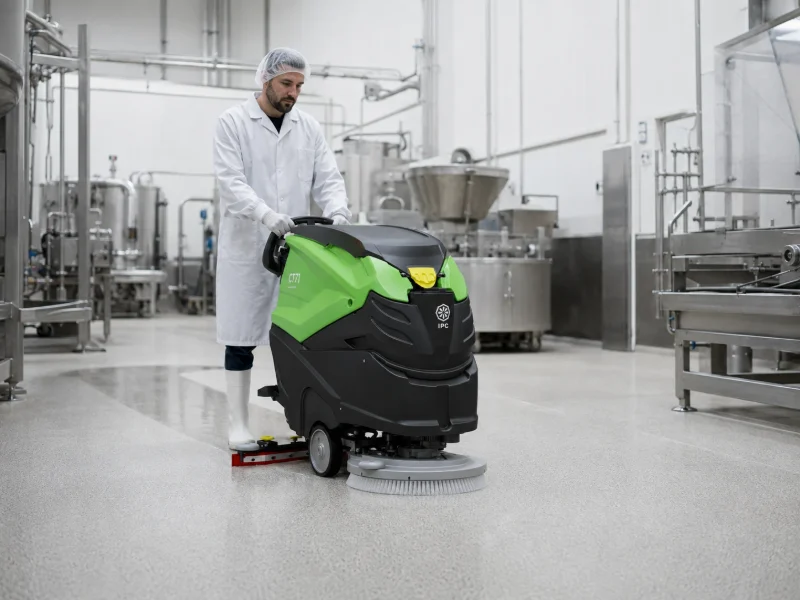 Operator în echipament de protecție curățând cu o mașină de spălat-aspirat IPC CT71 pardoseala unei hale de procesare alimentară