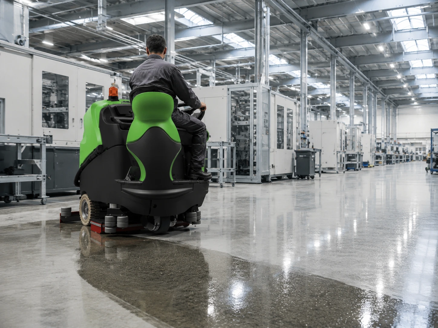 Operator pe o mașină de spălat-aspirat pardoseli IPC CT160, curățând pardoseala unei hale de producție, cu dâră umedă în urmă