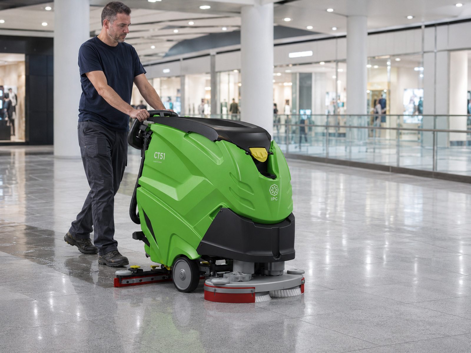 Operator curățând pardoseala unui centru comercial cu o mașină IPC CT51 de spălat-aspirat