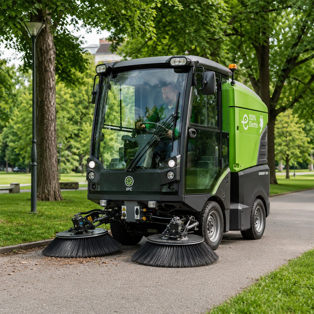 Măturătoare electrică compactă IPC curățând o alee dintr-un parc, cu operator la bord