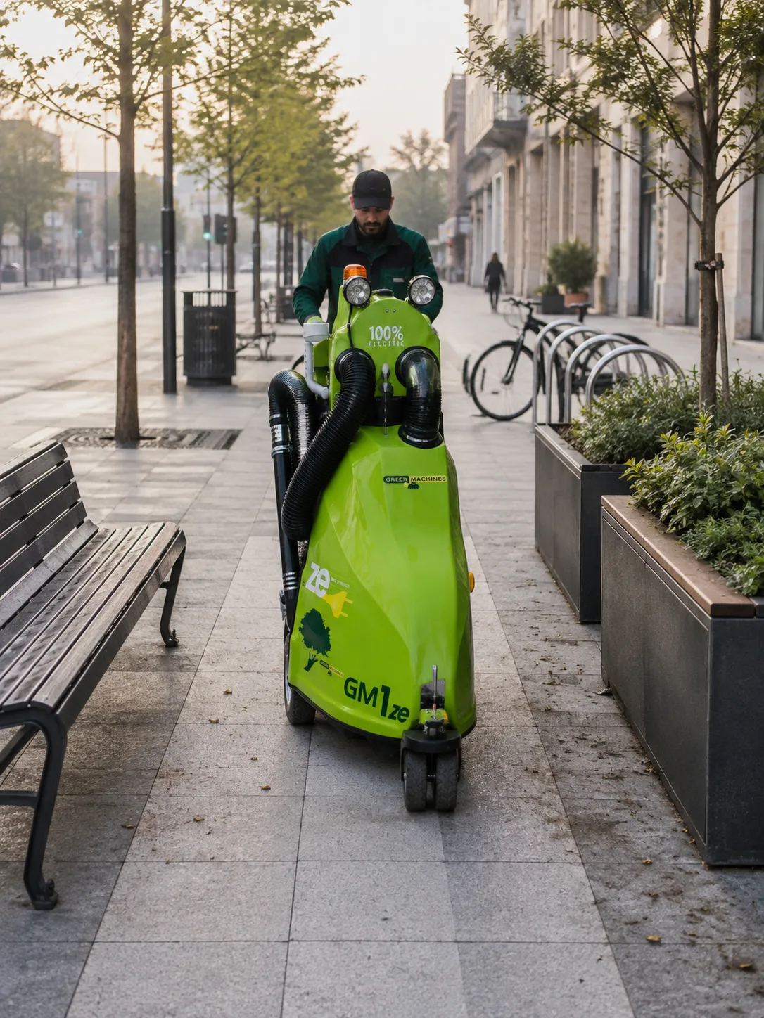 Măturătoare electrică compactă Green Machines GM1ze curățând un trotuar, printre bănci, jardiniere și un suport de biciclete