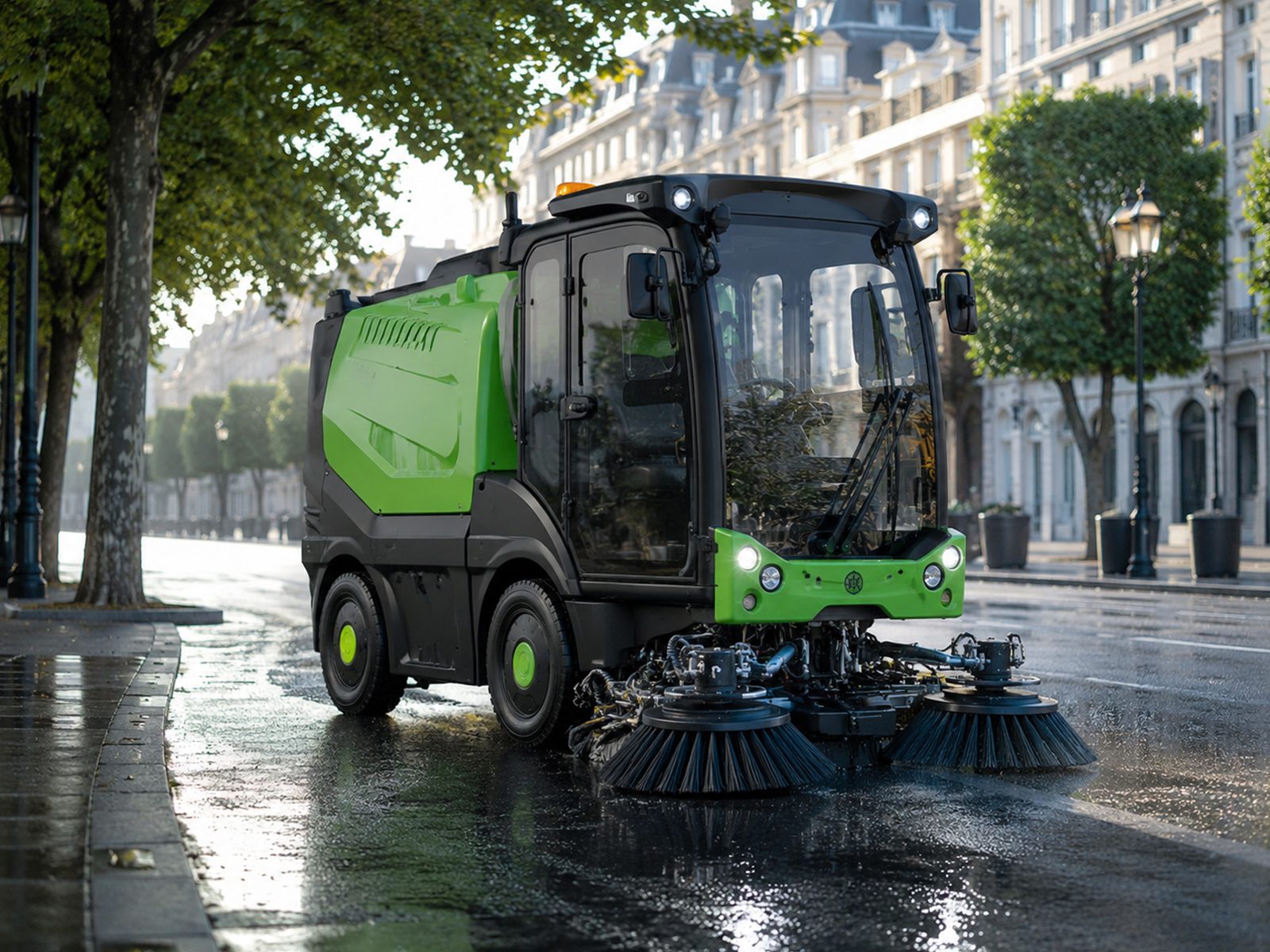 Măturătoare stradală compactă curățând carosabilul umed pe un bulevard, dimineața