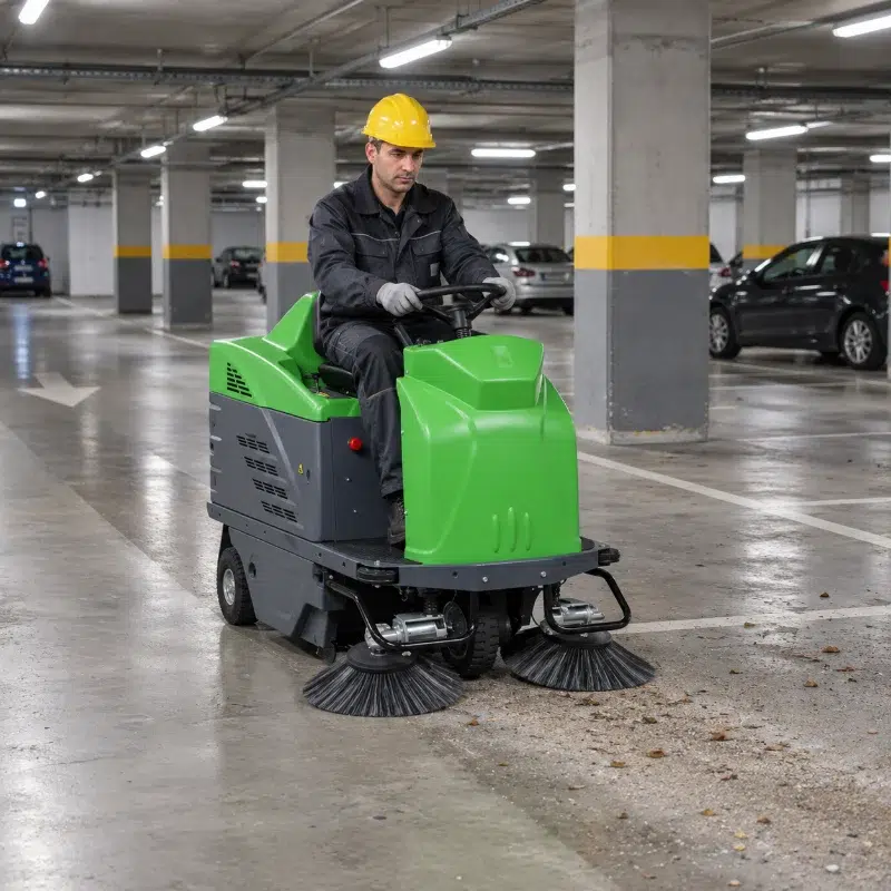 Operator on a compact IPC 1250 sweeper cleaning an underground car park