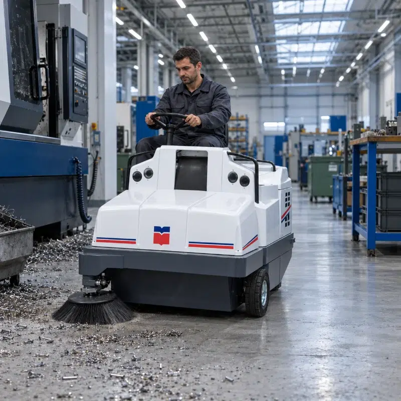 Operator on a DULEVO 1300 industrial sweeper collecting metal swarf in a production hall