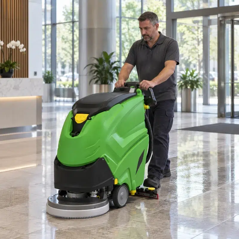 Operator with an IPC CT51 walk-behind floor scrubber-dryer cleaning the lobby of an office building