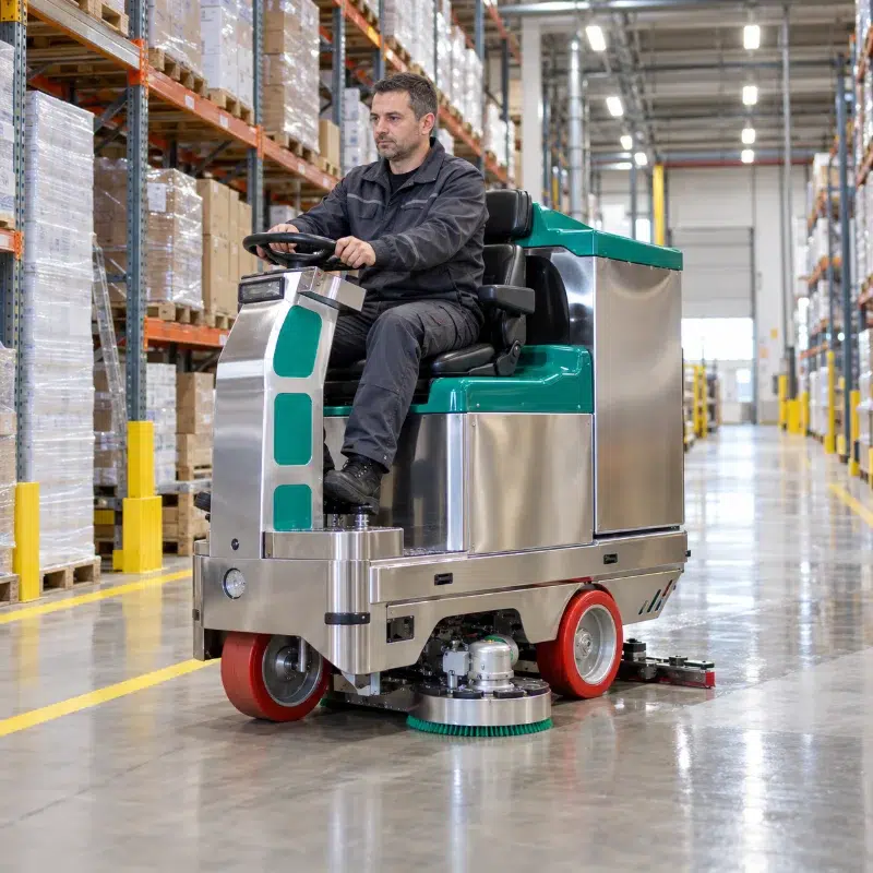 Operator on a Dr. Gansow Rotan ride-on floor scrubber-dryer in the aisle of a logistics warehouse