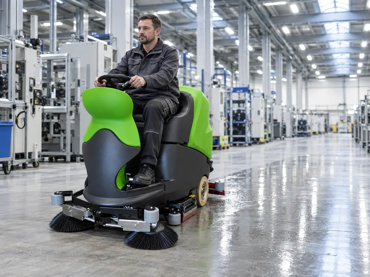 Operator on an IPC CT160 scrubber-dryer cleaning the floor of a production hall, leaving a damp trail behind