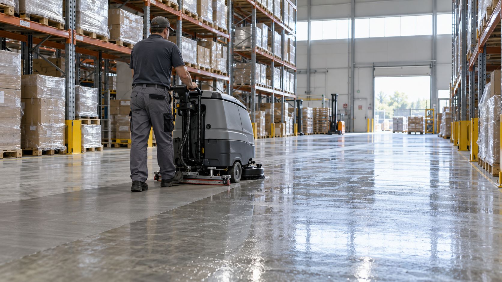 Warehouse scrubber leaves a clean stripe