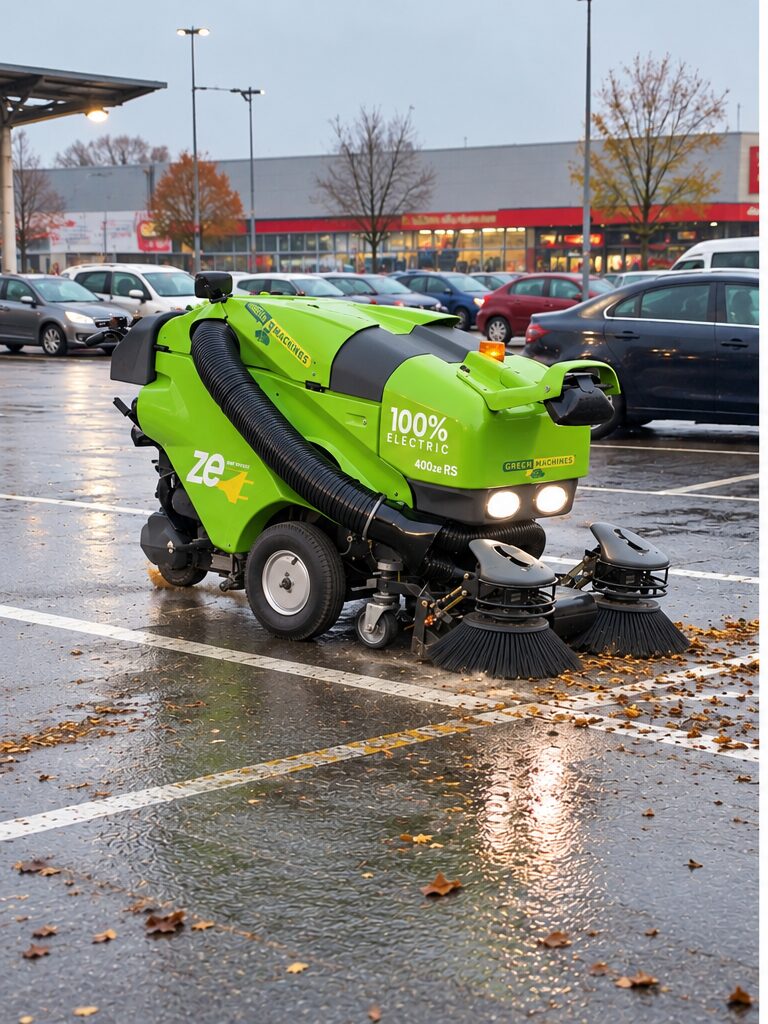 Green Machines 400ze pe asfaltul ud al unei parcări, printre frunze căzute