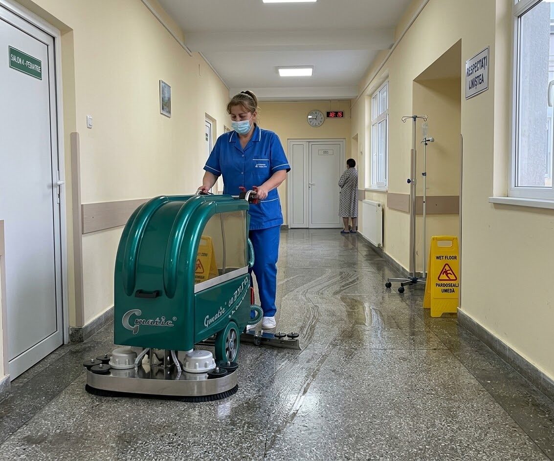 Asistentă care conduce Dr. Gansow Gmatic pe coridorul unei unități medicale