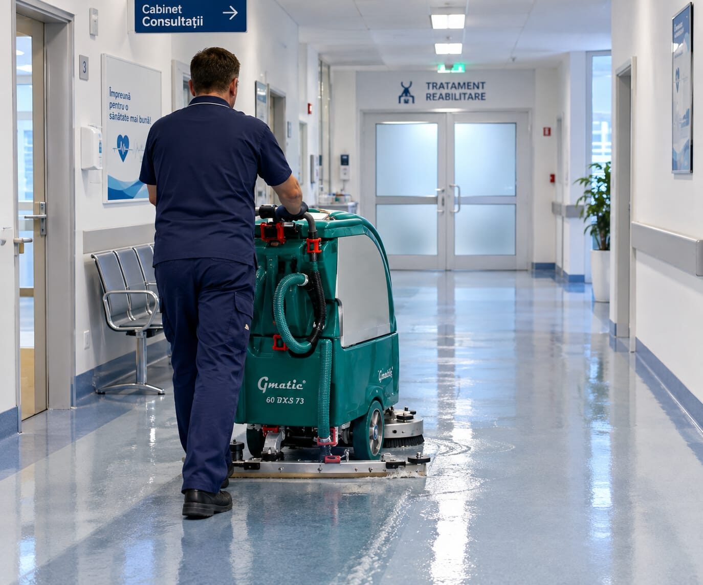 Operator care conduce Dr. Gansow Gmatic pe un hol cu scaune de așteptare