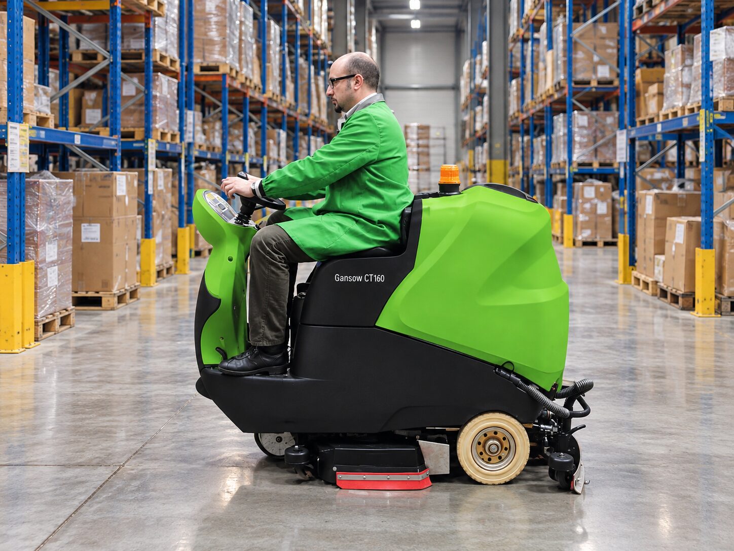 Operator la bordul IPC CT160, între rafturile unui depozit