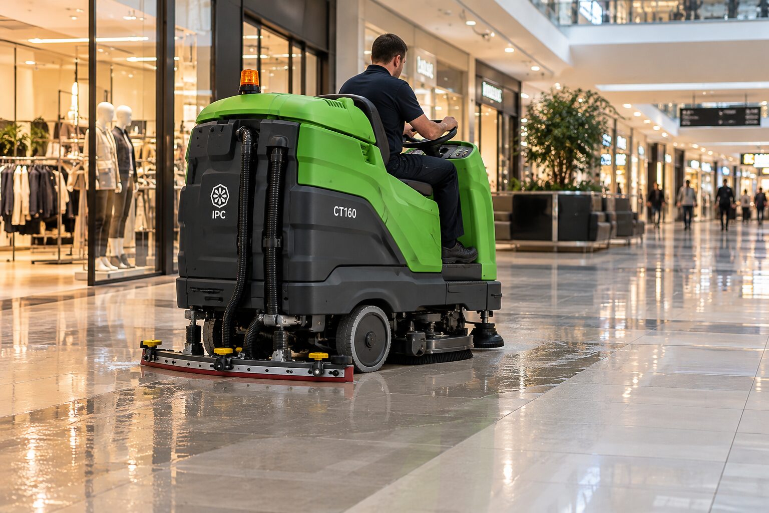 Operator la bordul IPC CT160, spălând pardoseala unei galerii comerciale