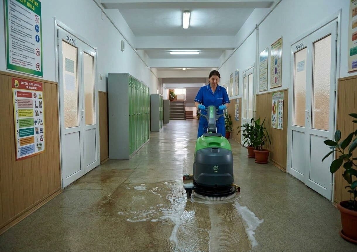Operatoare care spală cu IPC CT30 coridorul unei școli