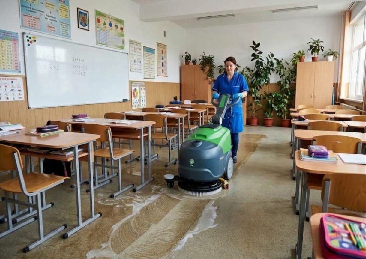 IPC CT30 spălând pardoseala unei săli de clasă, printre bănci