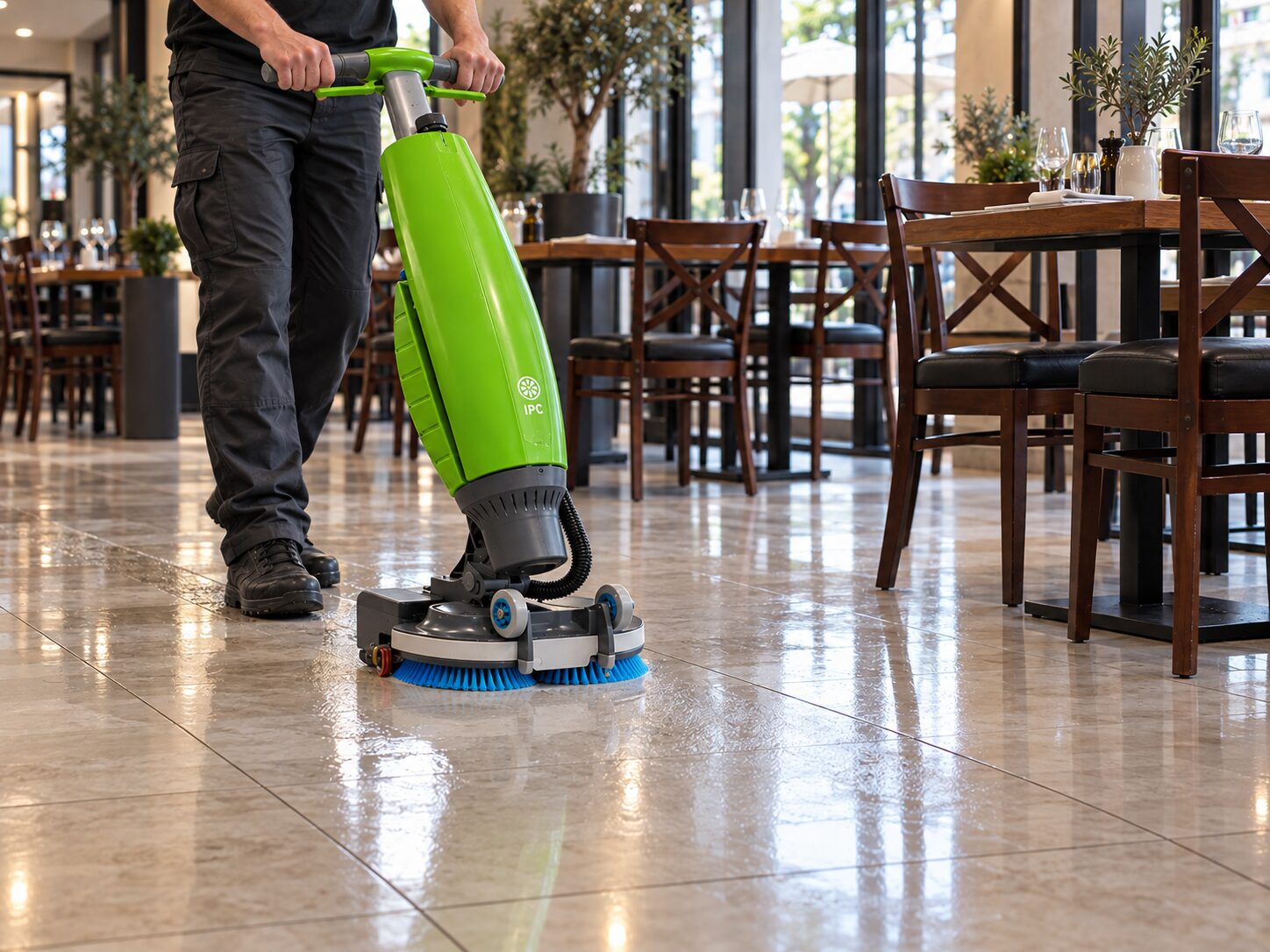 Operator care curăță cu IPC I-mop pardoseala de marmură a unui restaurant, printre mese