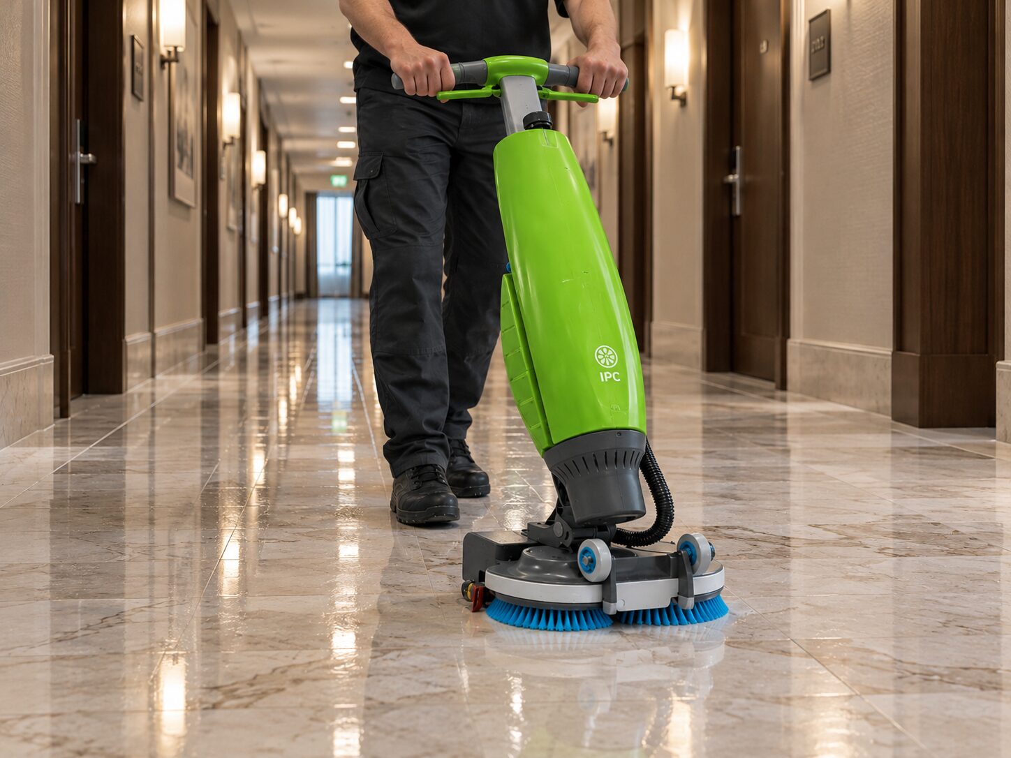 Operator care împinge IPC I-mop pe coridorul unui hotel