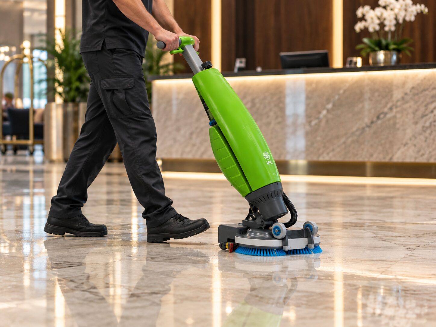 Operator care conduce IPC I-mop prin recepția unui hotel, văzut din lateral