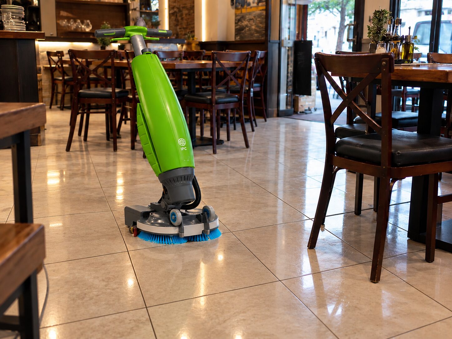 IPC I-mop curățând pardoseala de gresie a unui restaurant, printre mese